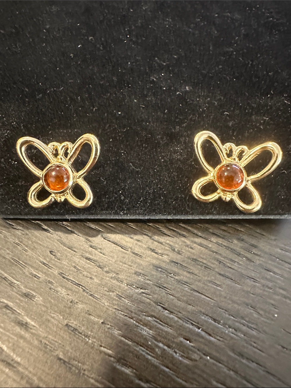 Gold Butterfly Stud Earrings with Amber Center Accent